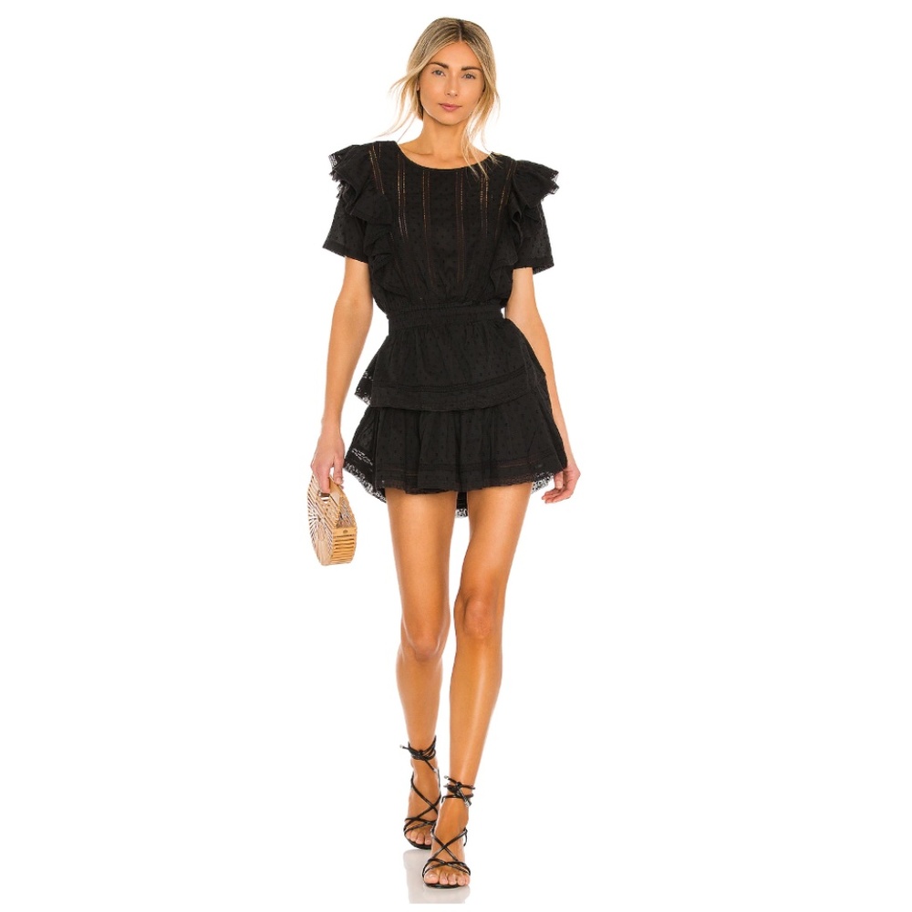 LOVESHACKFANCY Natasha Ruffle Tiered Minidress in Black Size Large